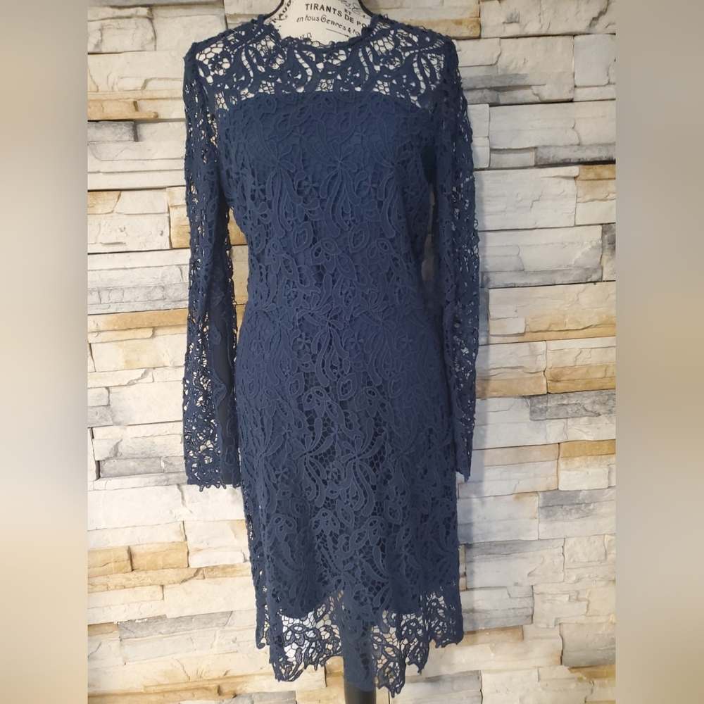 NWOT Elie Tahari Elegant Navy Cotton Lace Long-sleeved Dress Size 4, Lined